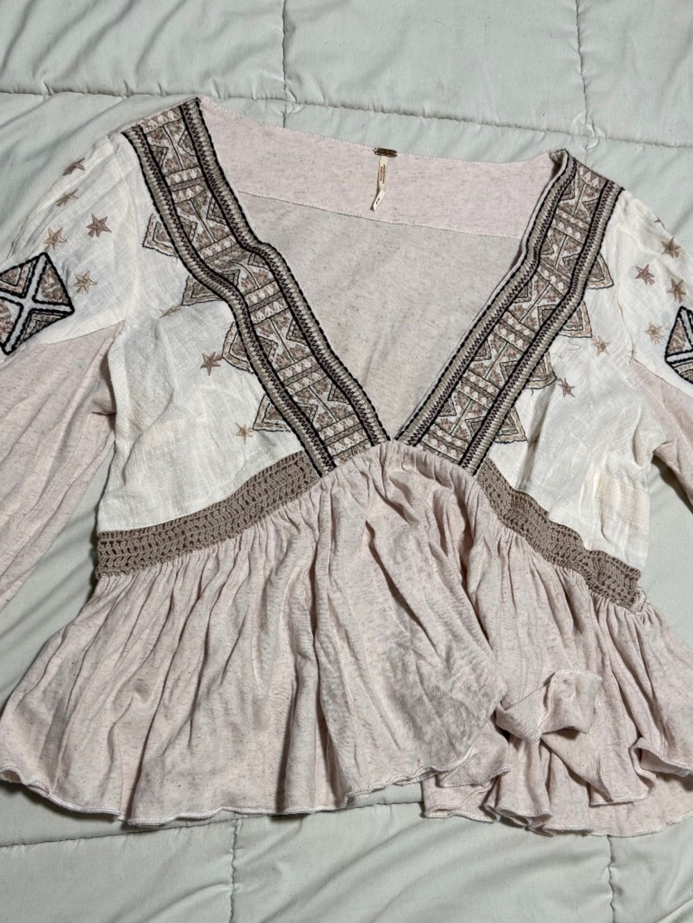 Free People Size Medium Cream/ Light Pink Flowy Shirt with Pattern Designs